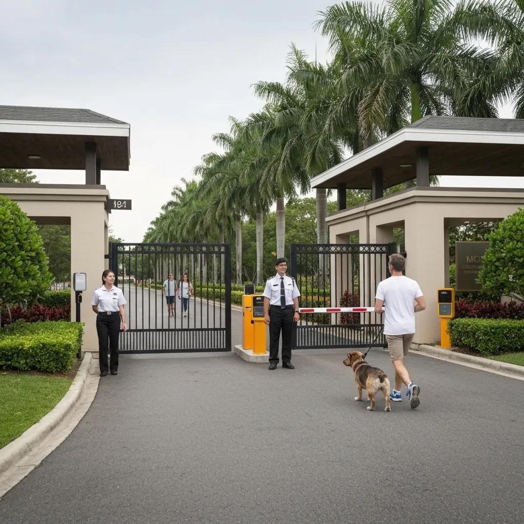 Security personnel at gated community entrance with residents walking and a dog, highlighting safety measures in Highland Village, TX.