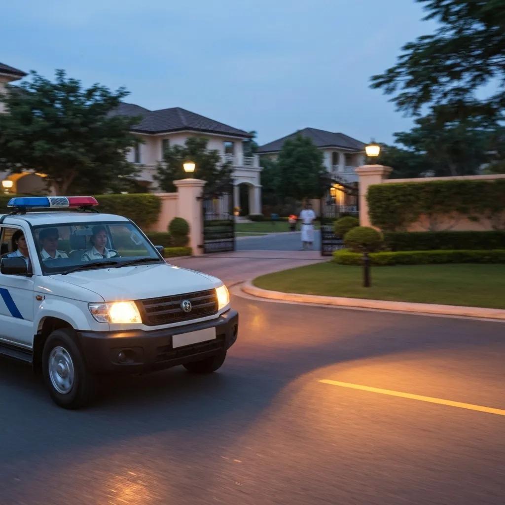 Security patrol vehicle driving through a gated community at dusk, highlighting visible deterrents and active surveillance measures.