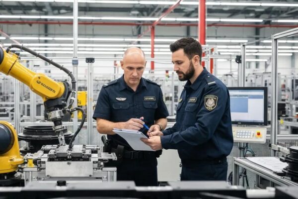 Security officers conducting an inspection at a manufacturing facility, highlighting teamwork and on-site technology