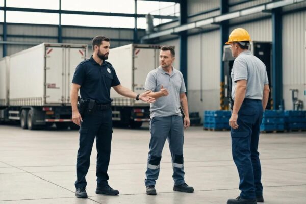 Guard intervening at a loading dock to prevent conflict and unsafe practices
