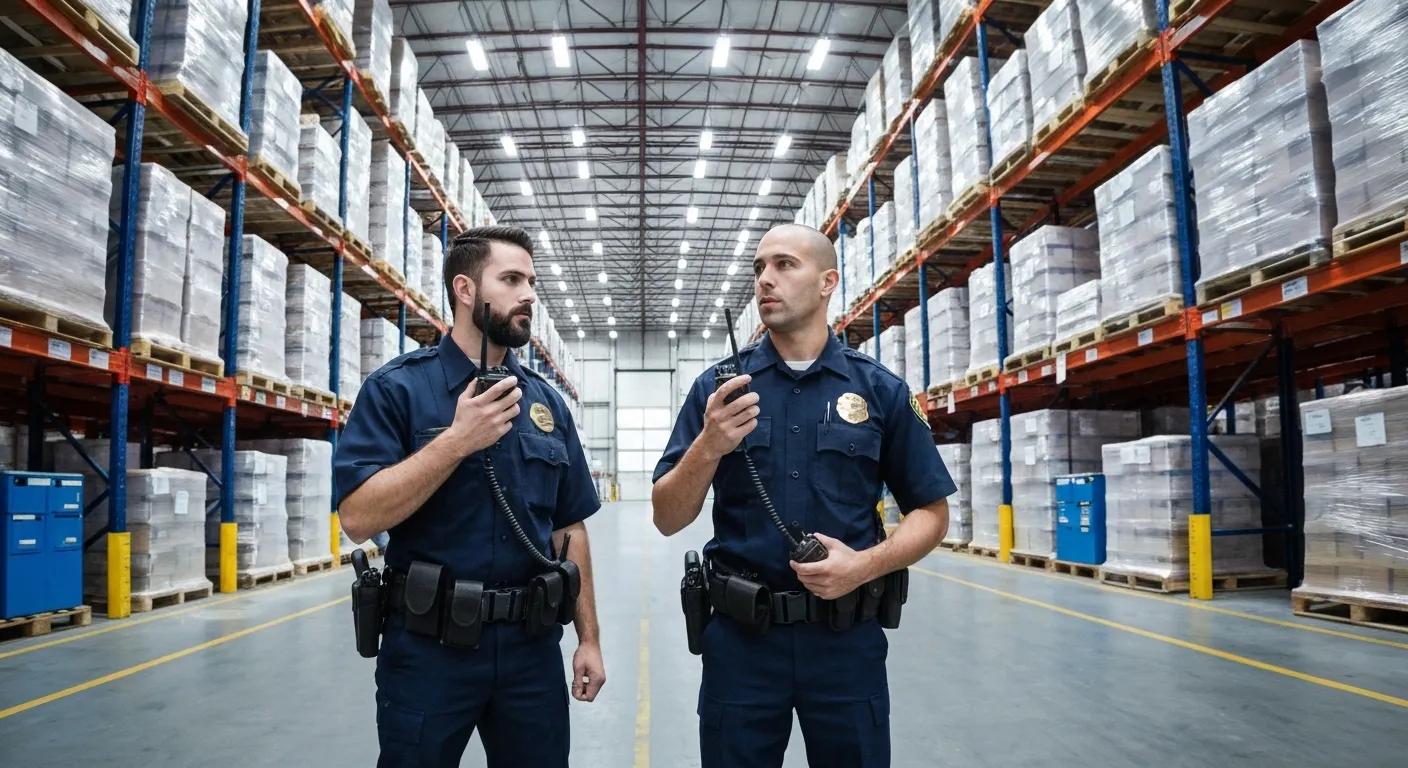 Security guards patrolling a Dallas warehouse to protect workers