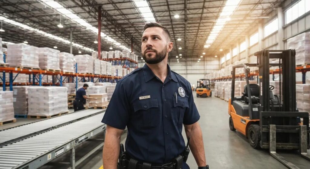 Professional security guard overseeing warehouse operations in Dallas Fort Worth