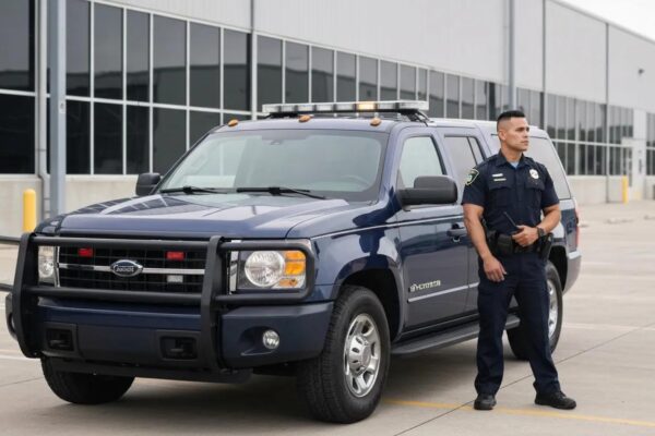 Mobile patrol vehicle and security officer at a warehouse