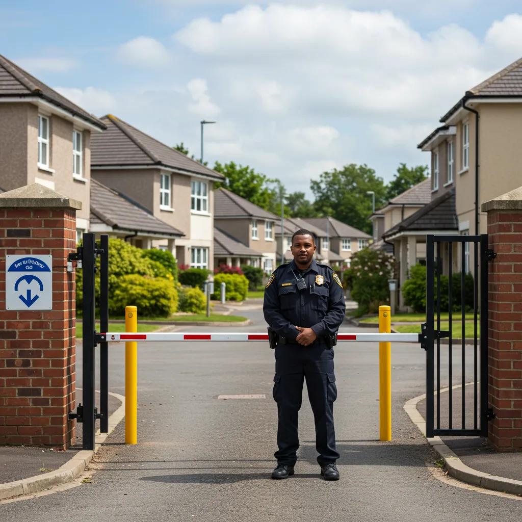 Professional security guard at gated community entrance, symbolizing enhanced safety and property value for residents.
