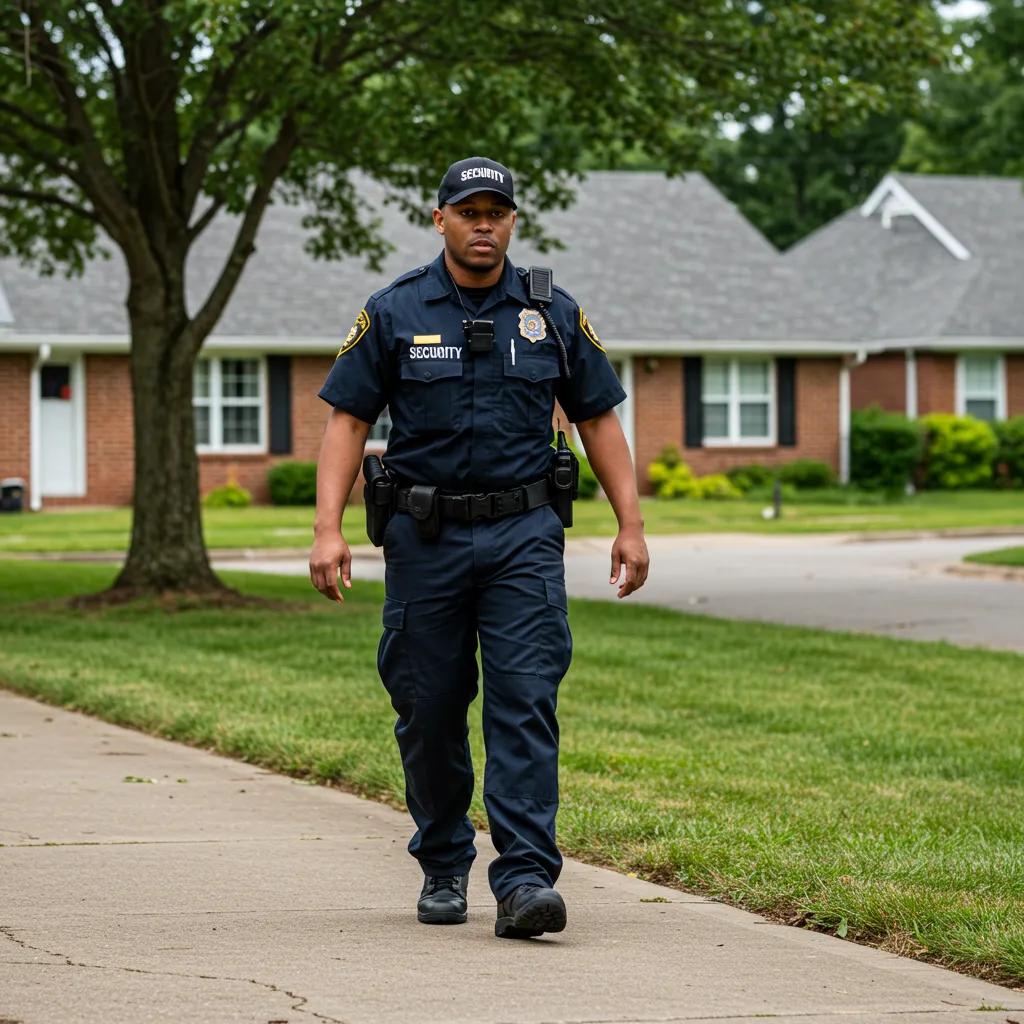 Security guard on foot patrol in a residential neighborhood, enhancing community safety and deterring crime.