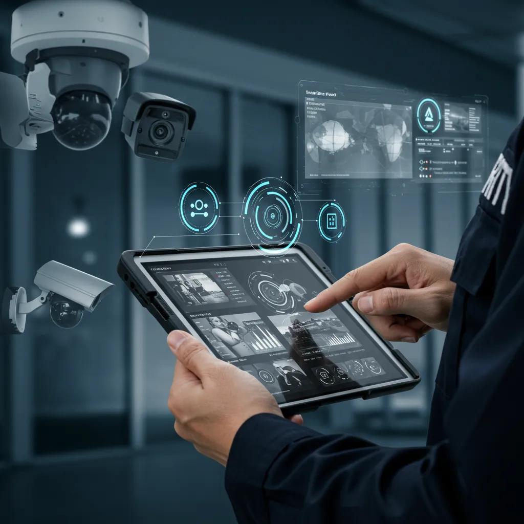 Security guard using tablet to monitor CCTV feeds and data analytics, showcasing technology integration for enhanced community safety and incident response.