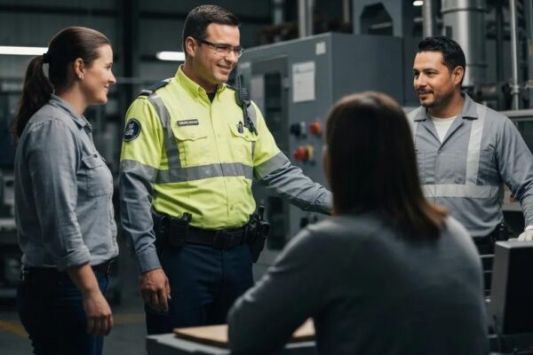 Security officer talking with employees during a night shift, supporting safety and uninterrupted operations