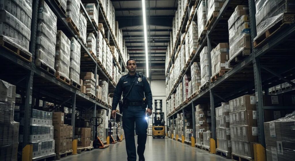 Warehouse interior and a uniformed security guard on patrol