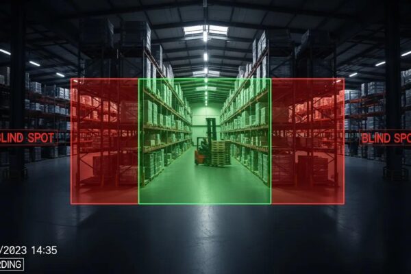 Warehouse CCTV camera highlighting limited coverage and potential blind spots