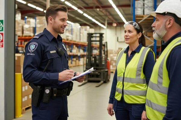 Uniformed security guard speaking with warehouse staff to coordinate safety and access
