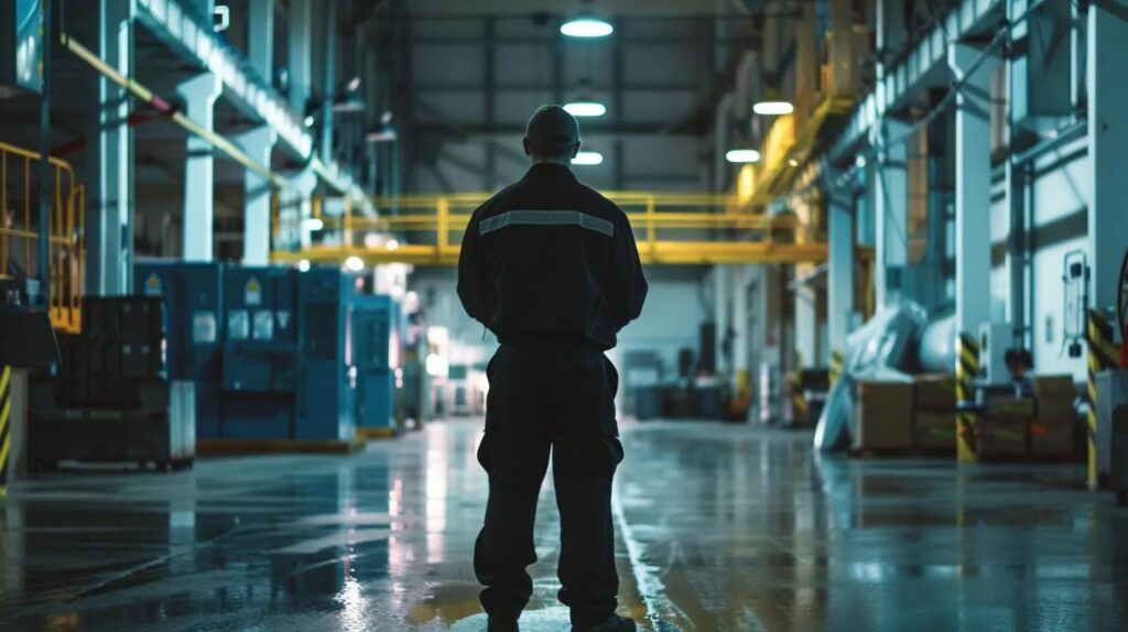 security guard standing in a manufacturing facility