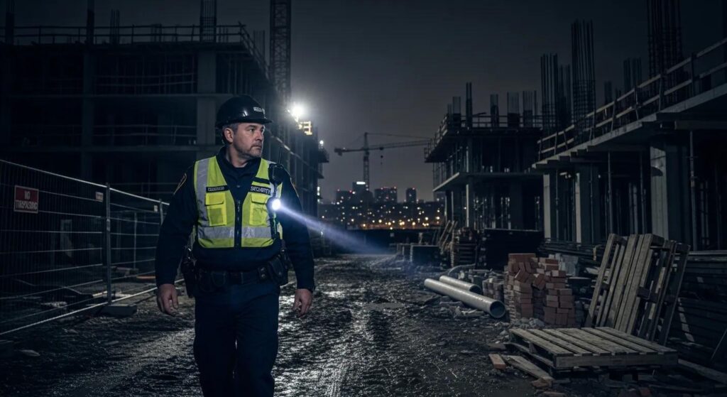 Security guard patrolling a construction site at night, highlighting the importance of after-hours security measures