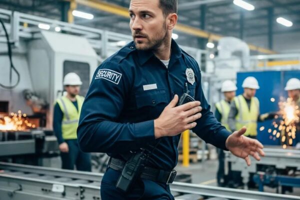 Security guard evaluating a possible breach on the shop floor, demonstrating real-time decision-making