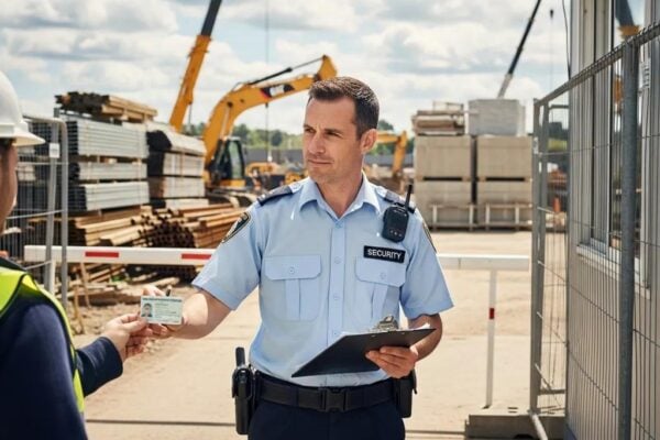 Security guard checking ID at construction site entrance, emphasizing access control measures for site protection