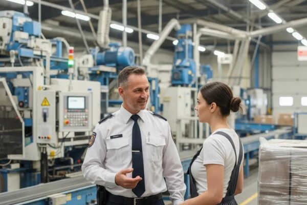 Security guard using verbal de-escalation with an employee on the manufacturing floor