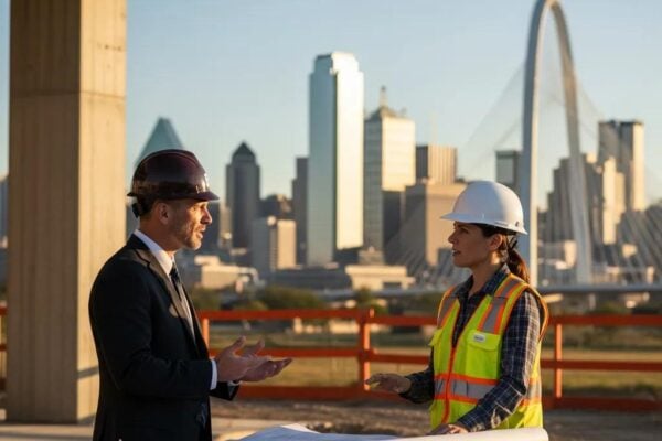 Security professional consulting with a construction manager in Dallas, highlighting local expertise