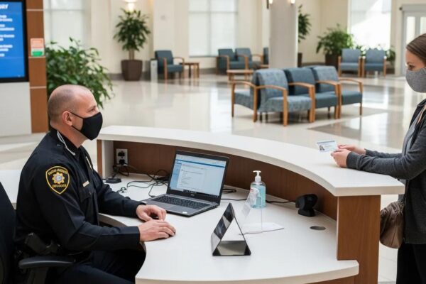 Security officer behind a front desk checking identification at hospital entrance
