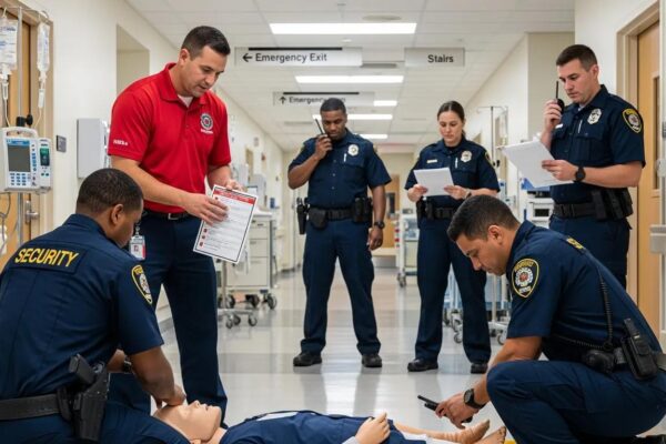 Security staff training in emergency response techniques for hospitals