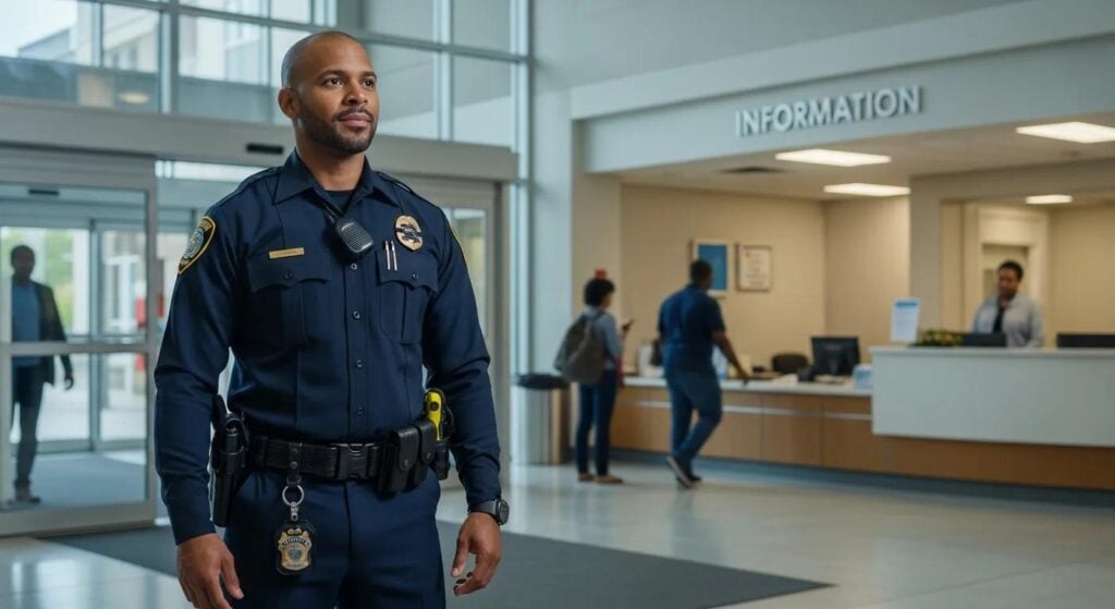 Hospital security officer at entrance overseeing safety and access control